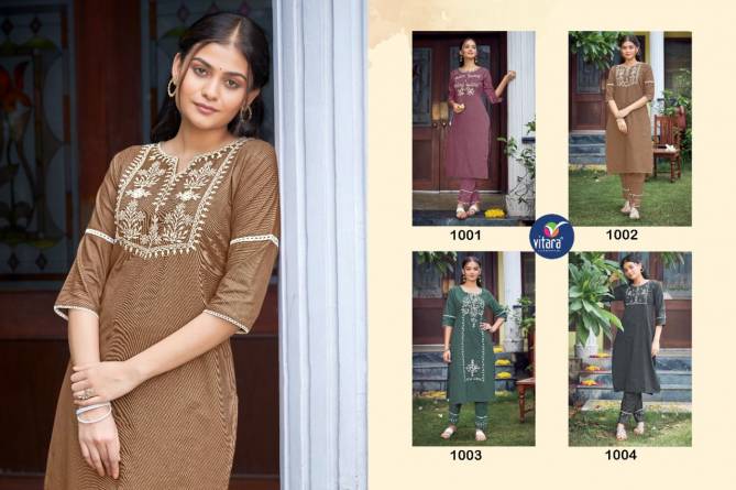 Vitara Signature New Fancy Wear Cotton Embroidery Kurti With Pant Collection